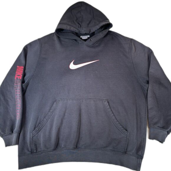 Vintage 00s Nike Big Logo Spellout Swoosh Center Check Hoodie Sz XL Black Faded - Picture 1 of 9